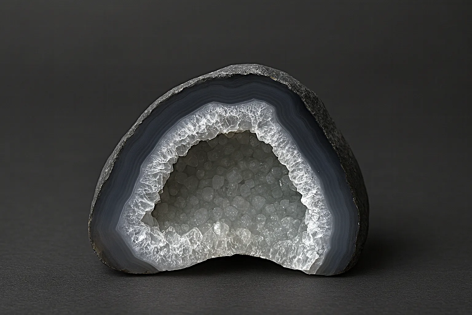 Gemini ha dicho Black agate energy stone geode with natural crystal interior and dark grey banding.
