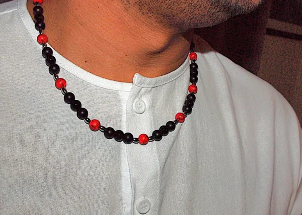 Handmade Mens Red Turquoise, Black Onyx, and Agate Necklace with Stainless Steel Accents
