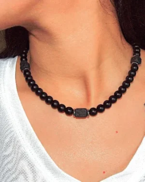Black Onyx and Volcanic Stone womens Necklace