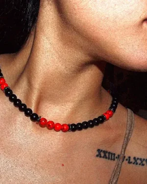 Handmade women Necklace red Turquoise and Black Onyx Natural Stone Jewelry 18 Inches Boho Style