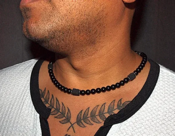 Black Onyx and Volcanic Stone Mens Necklace