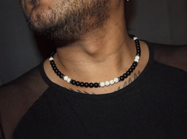 Handmade Men Necklace White Turquoise and Black Onyx Natural Stone