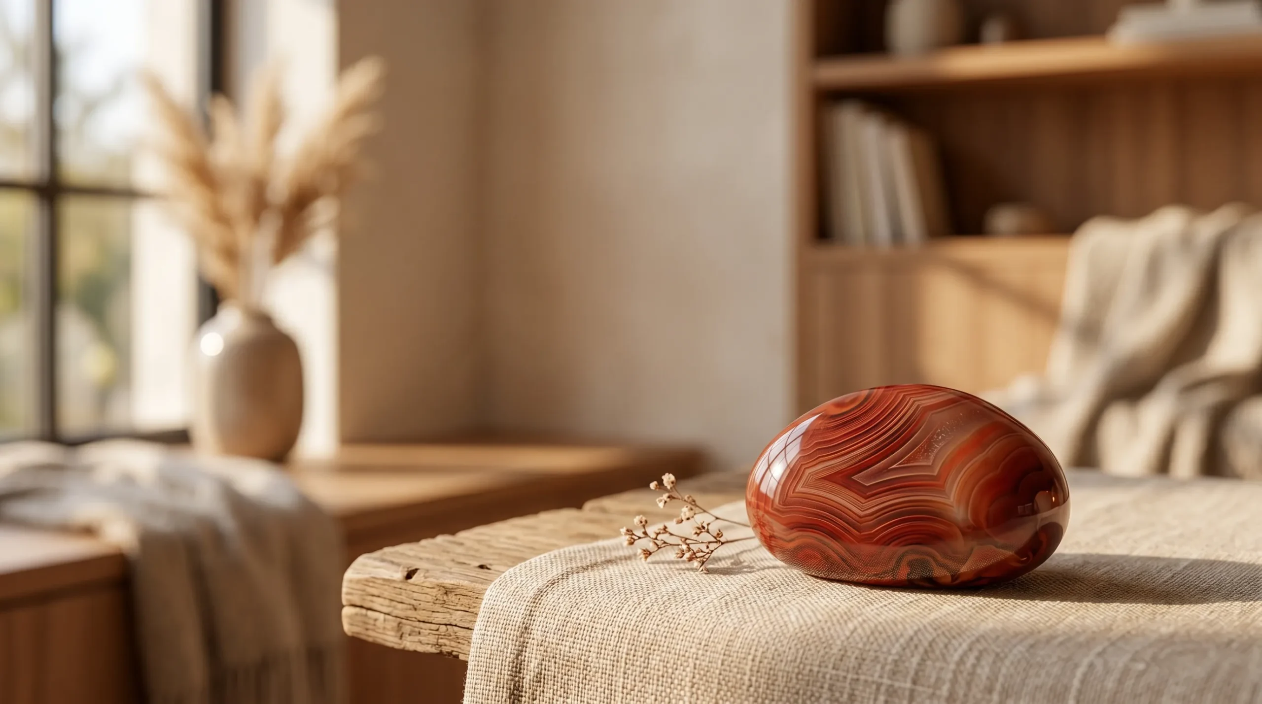 An oval-shaped agate with red and brown bands set on textured burlap in a rustic, minimalist interior setting with a window in the background