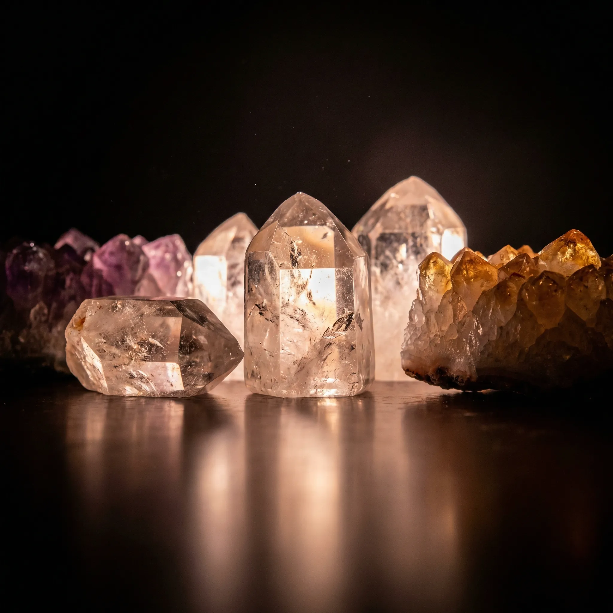 Illuminated clear quartz crystal points with an amethyst cluster and a citrine geode on a dark reflective surface.