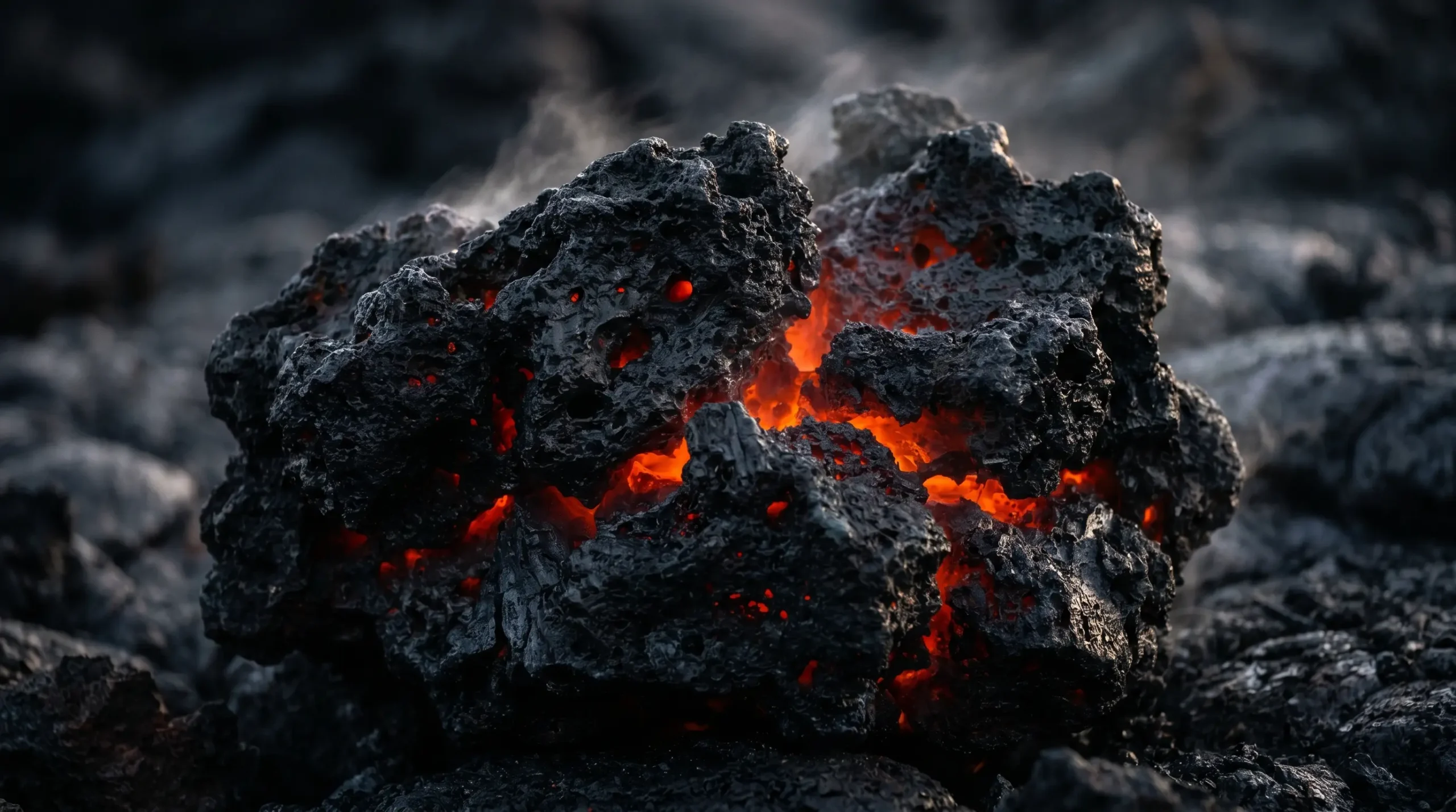 Porous volcanic lava rock with a glowing magma core and steam rising from the surface.