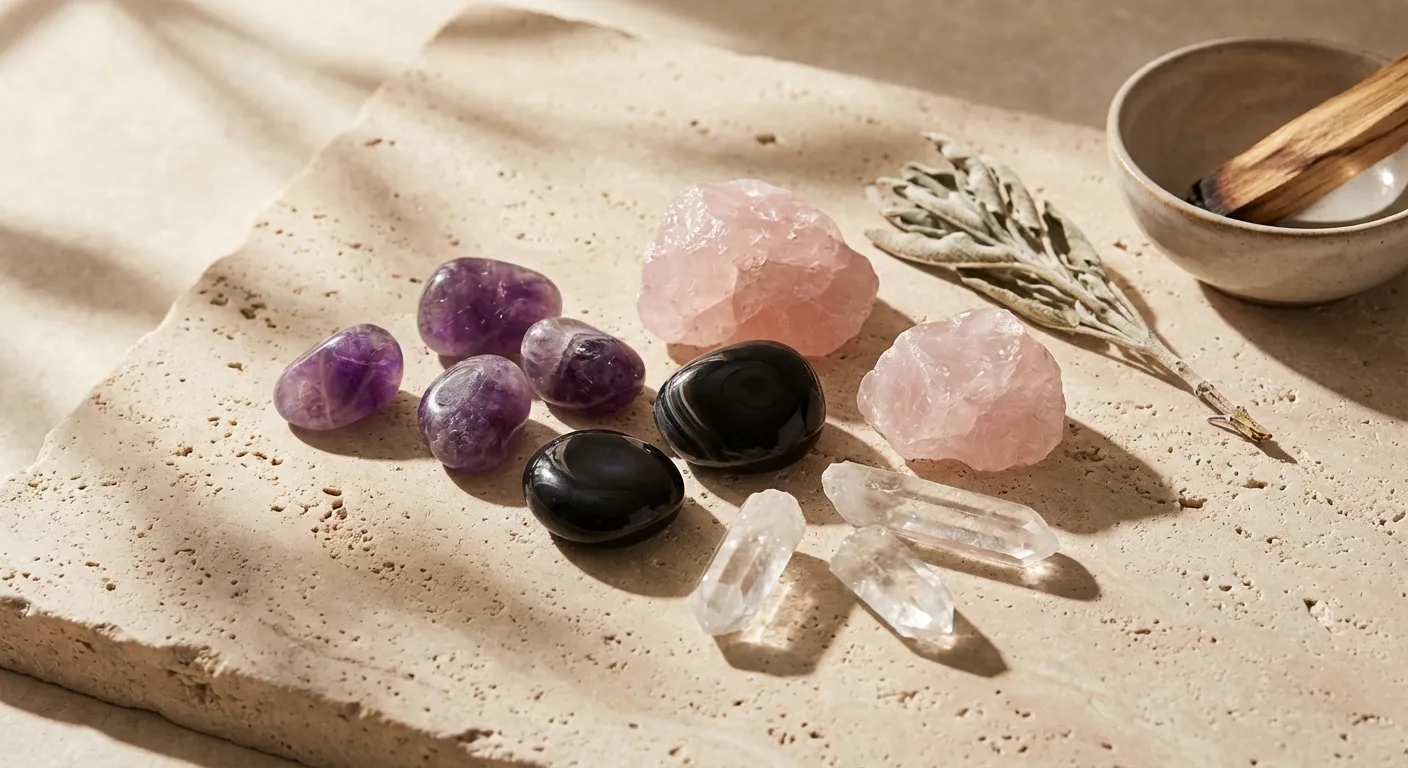 Healing crystals collection featuring amethyst, rose quartz, and black onyx on a travertine tray with a bundle of palo santo and dried lavender.