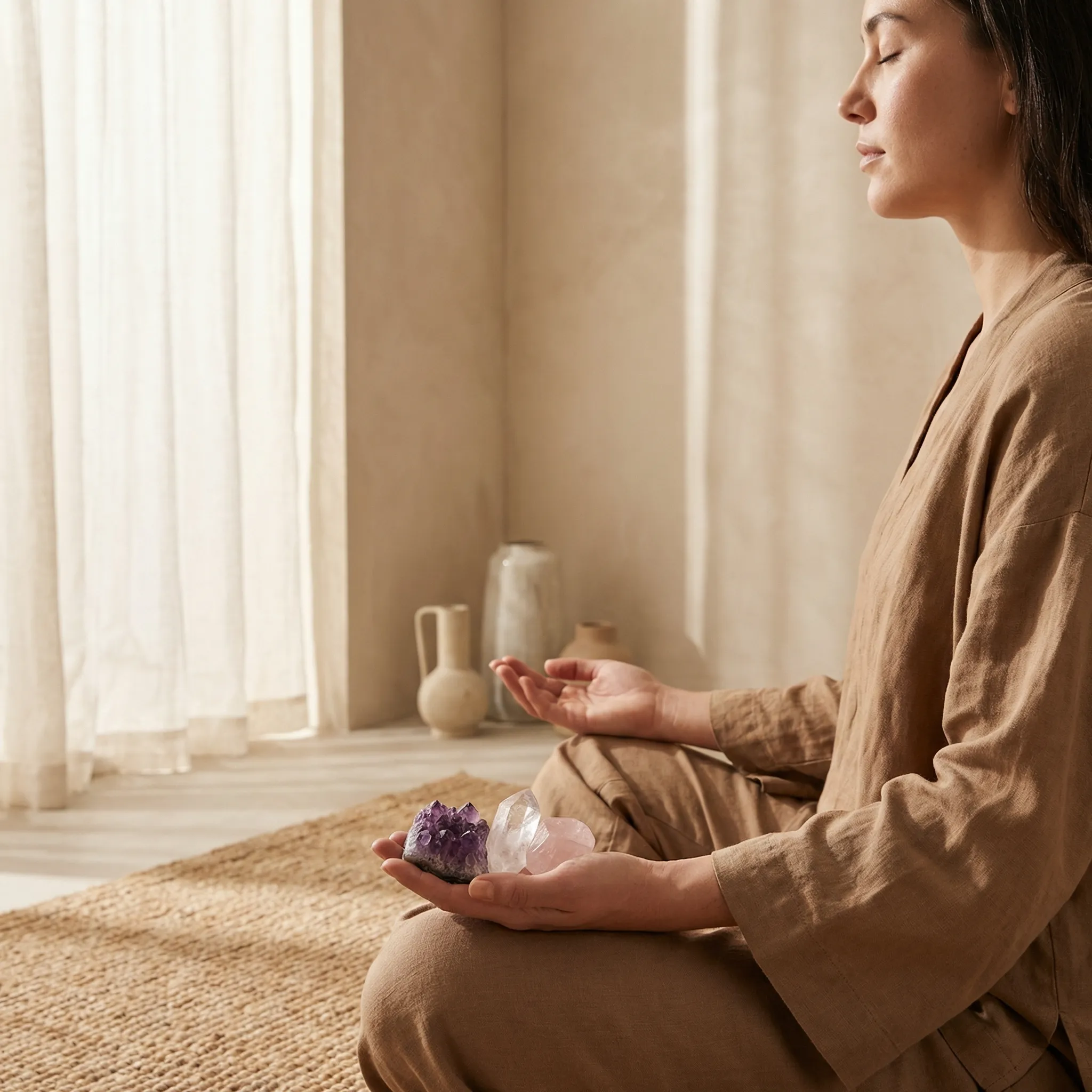 A woman in a serene room meditating on a rug while holding an amethyst druse, a quartz point, and a rose quartz crystal in her hands.