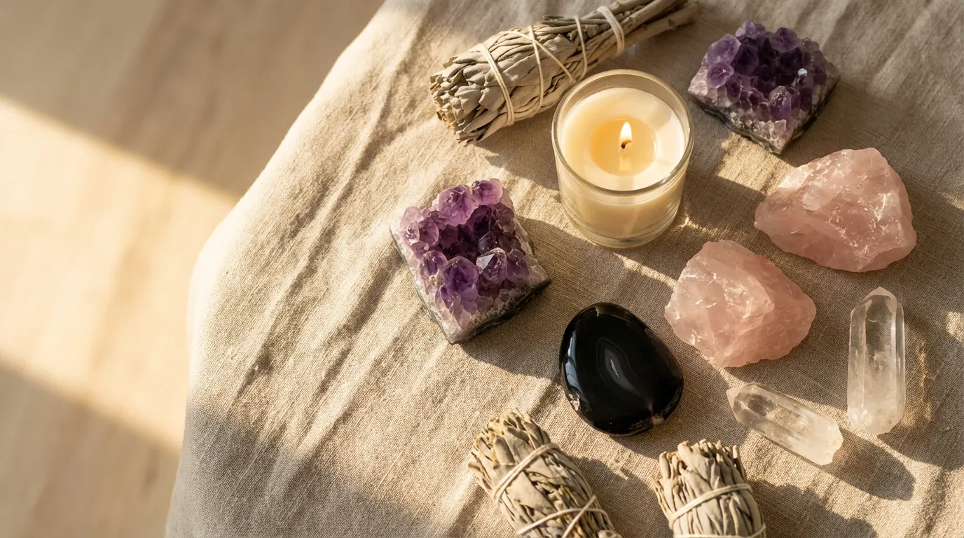 Healing crystals, white sage smudging, and a lit candle on a linen tablecloth for an energy-cleansing ritual.