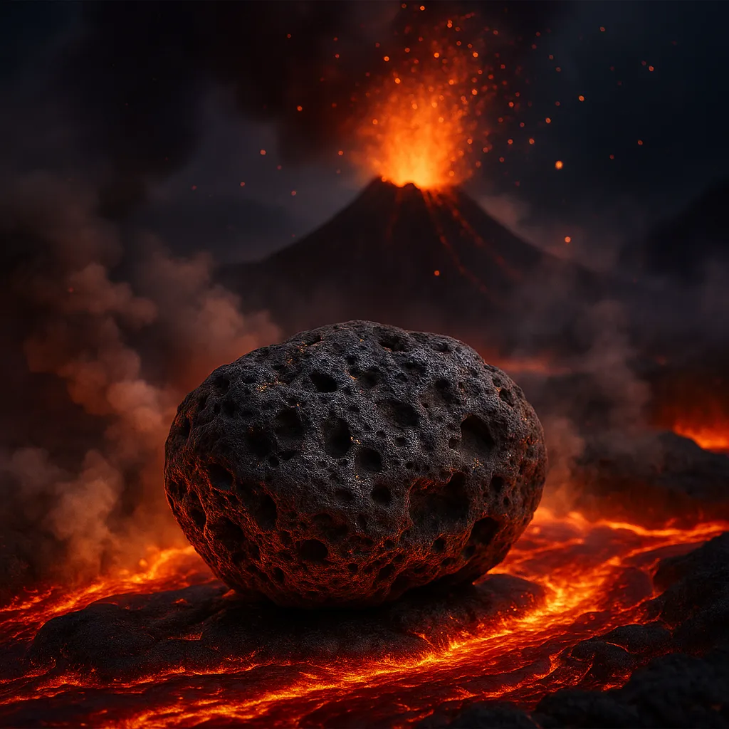 A large porous black volcanic rock sitting on a glowing lava field with an erupting volcano in the background.