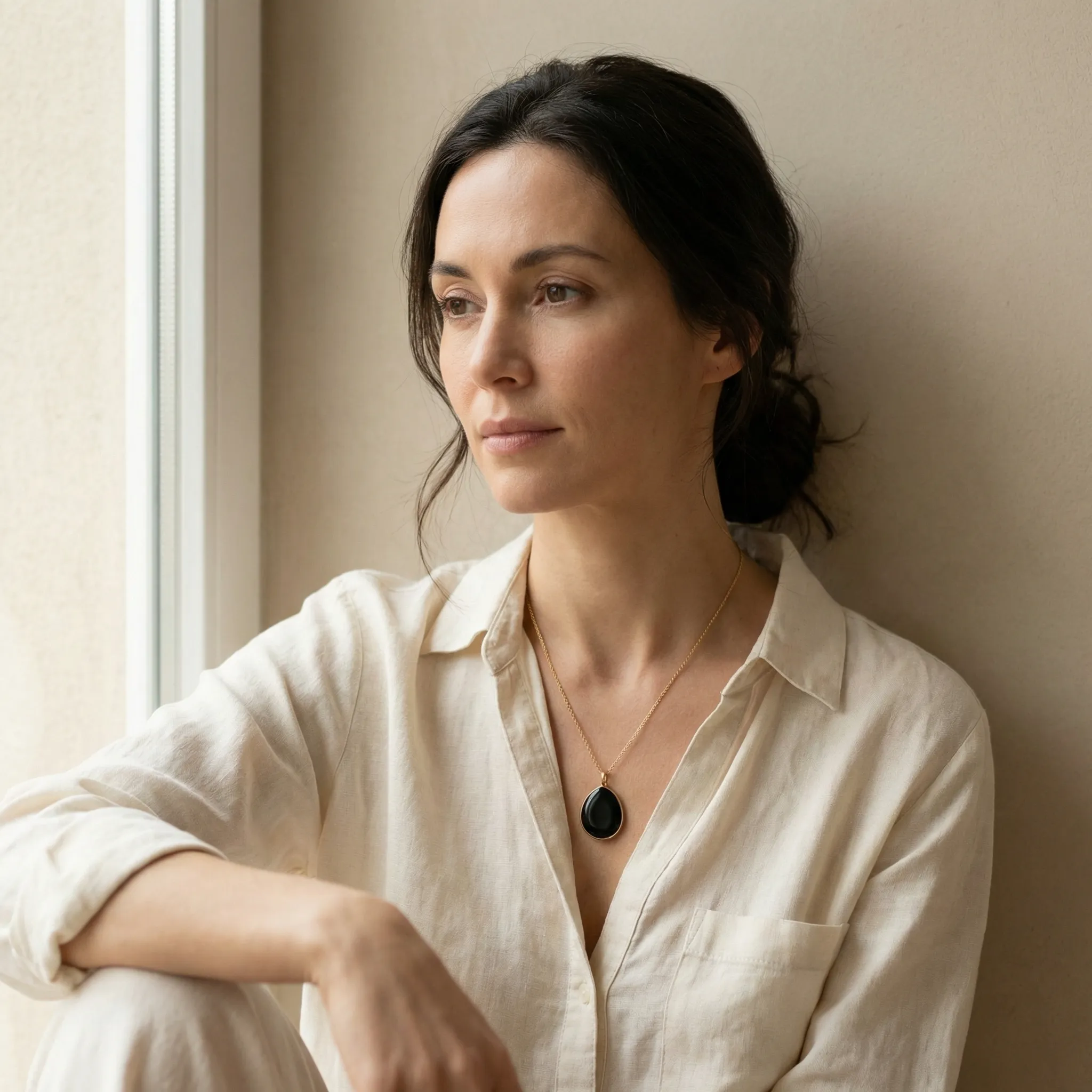 A woman wearing a white linen shirt and a minimalist gold necklace with a large oval black onyx pendant sitting by a window.