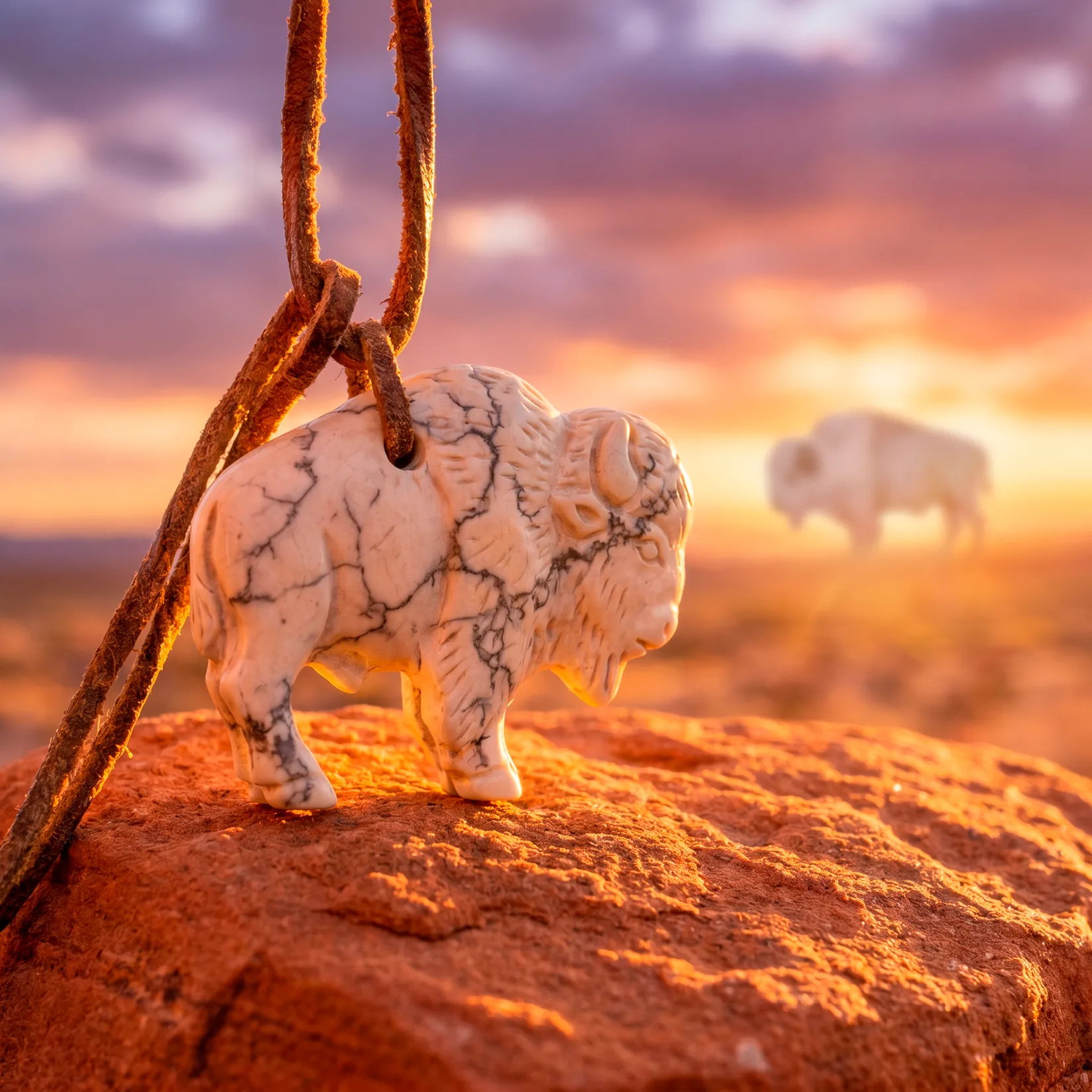 Detailed hand-carved howlite gemstone bison pendant hanging on leather cord over red rock at sunset, representing White Buffalo Spirit animal symbolism.