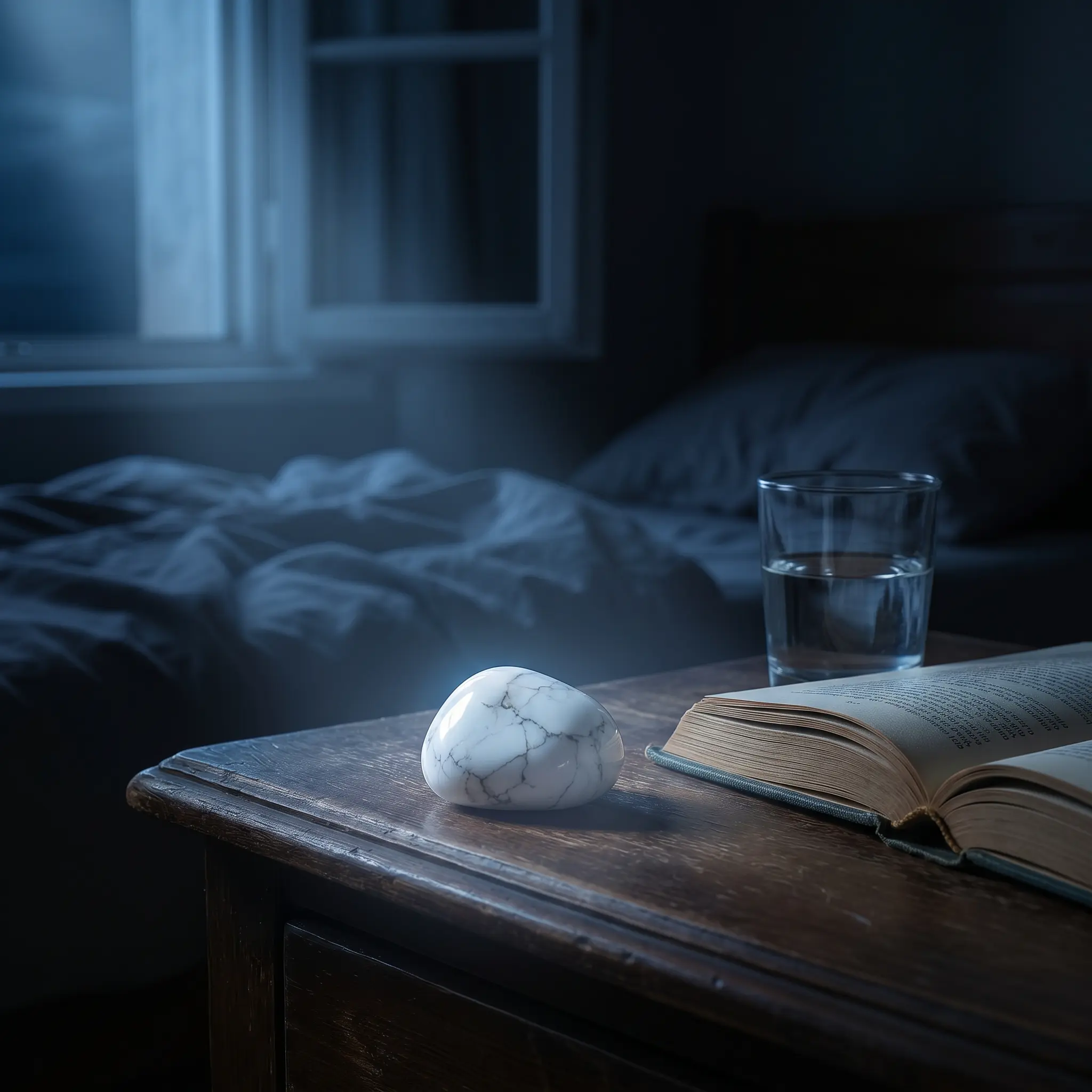 A polished white howlite stone glowing softly on a wooden nightstand next to an open book and a glass of water in a dimly lit bedroom.