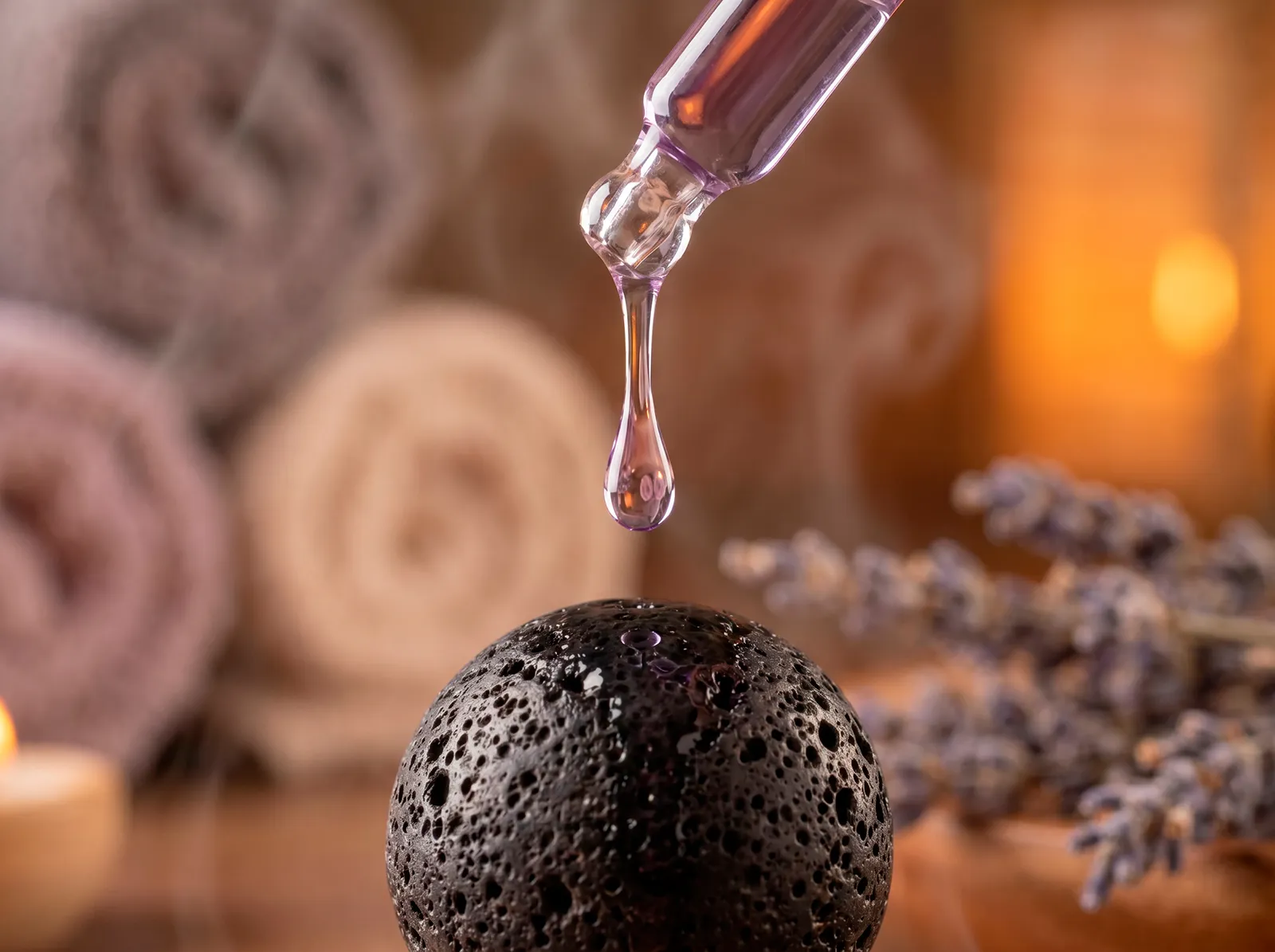 Glass dropper applying a drop of lavender essential oil onto a black spherical volcanic lava stone diffuser.