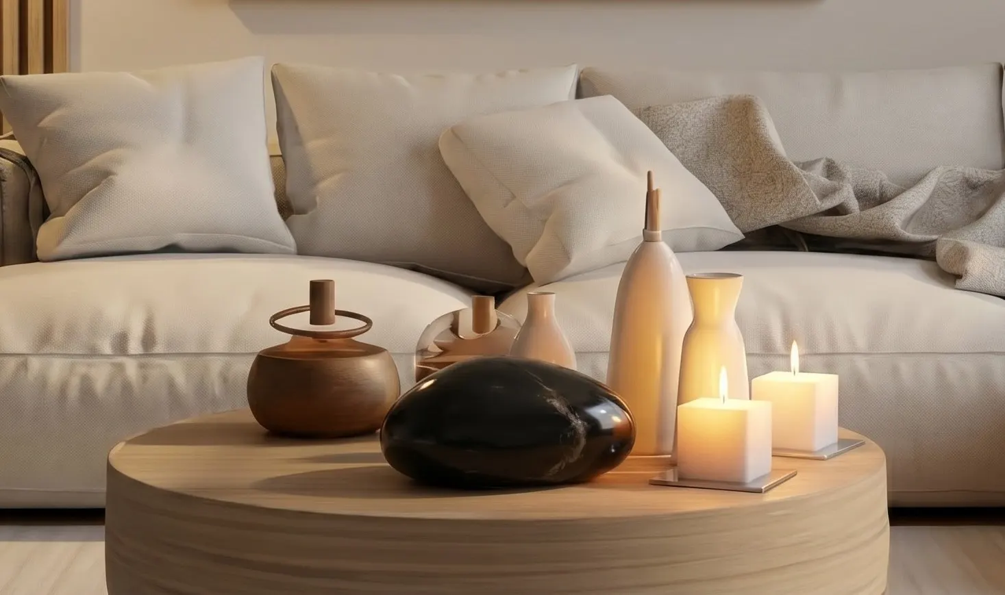 Polished black onyx stone centered on a round wooden coffee table, surrounded by minimalist vases and lit candles in a cozy living room setting.