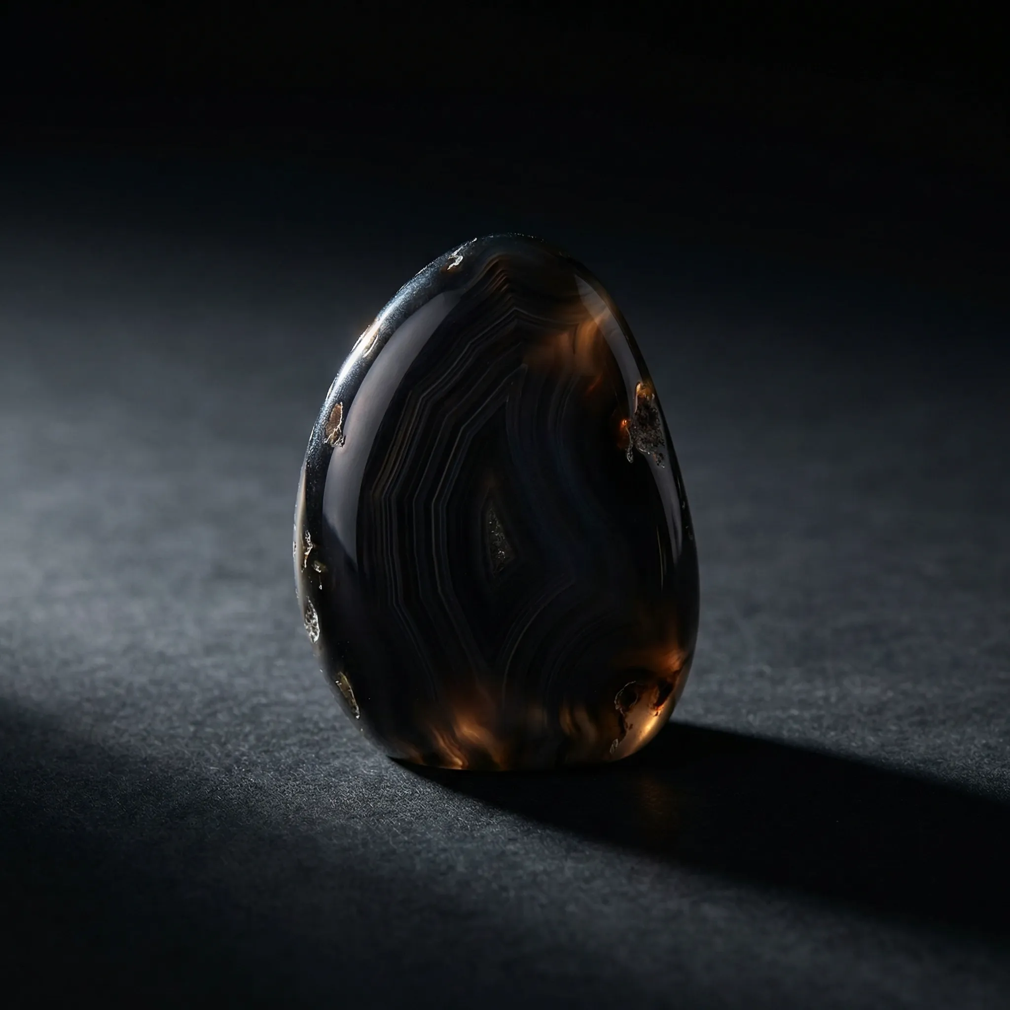 A polished oval black banded agate stone with translucent amber highlights and natural concentric lines sitting on a dark surface.