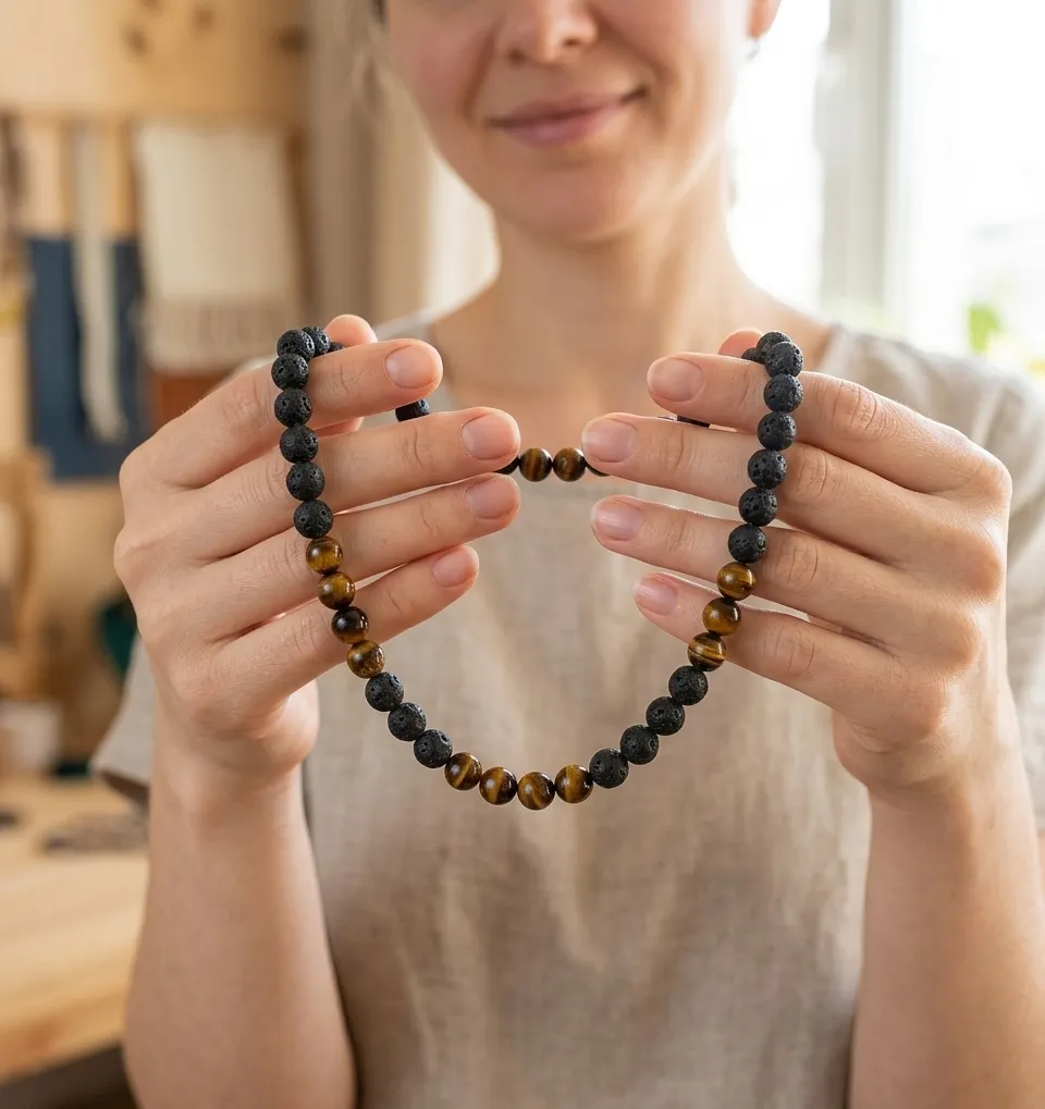 Woman holding a handcrafted necklace made of porous black volcanic lava stone and tiger's eye gemstone beads.