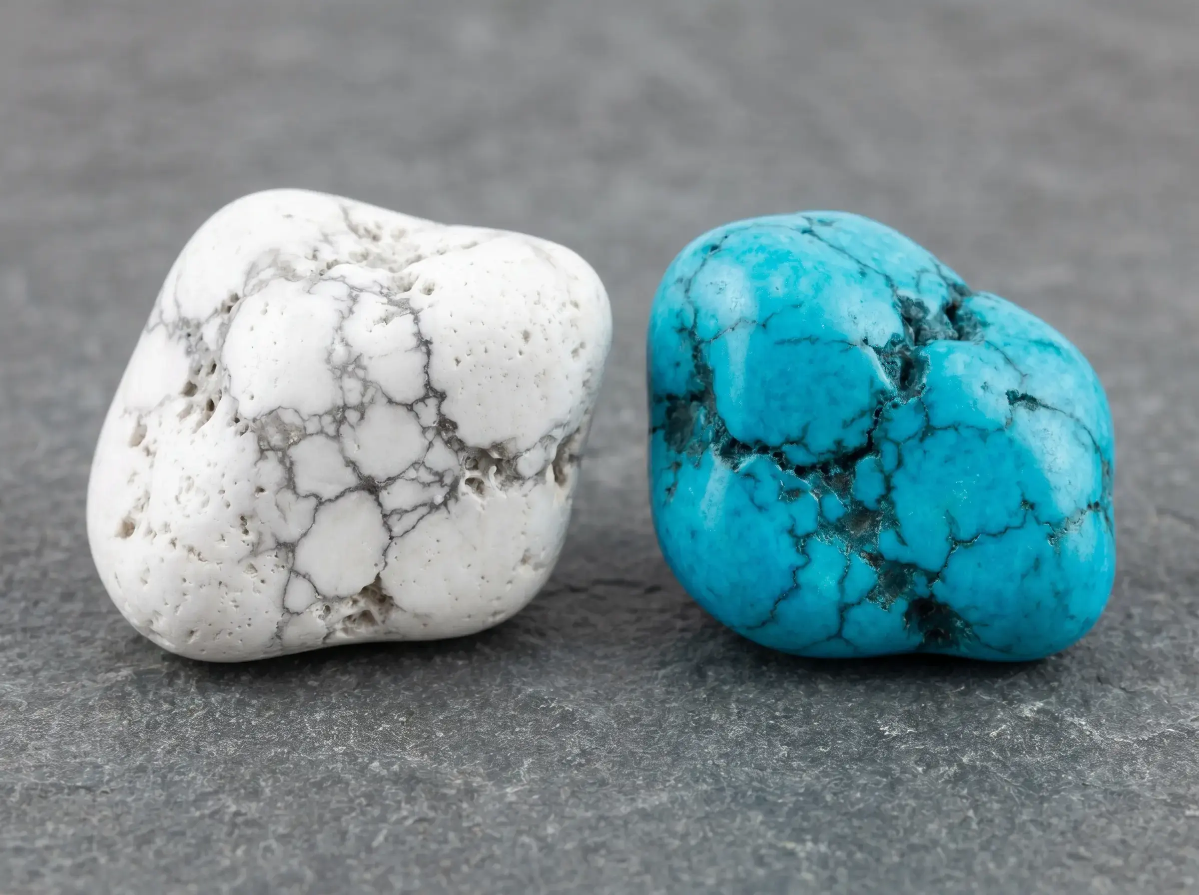 A tumbled white howlite stone with gray veins side by side with a vibrant blue turquoise gemstone on a textured gray background.
