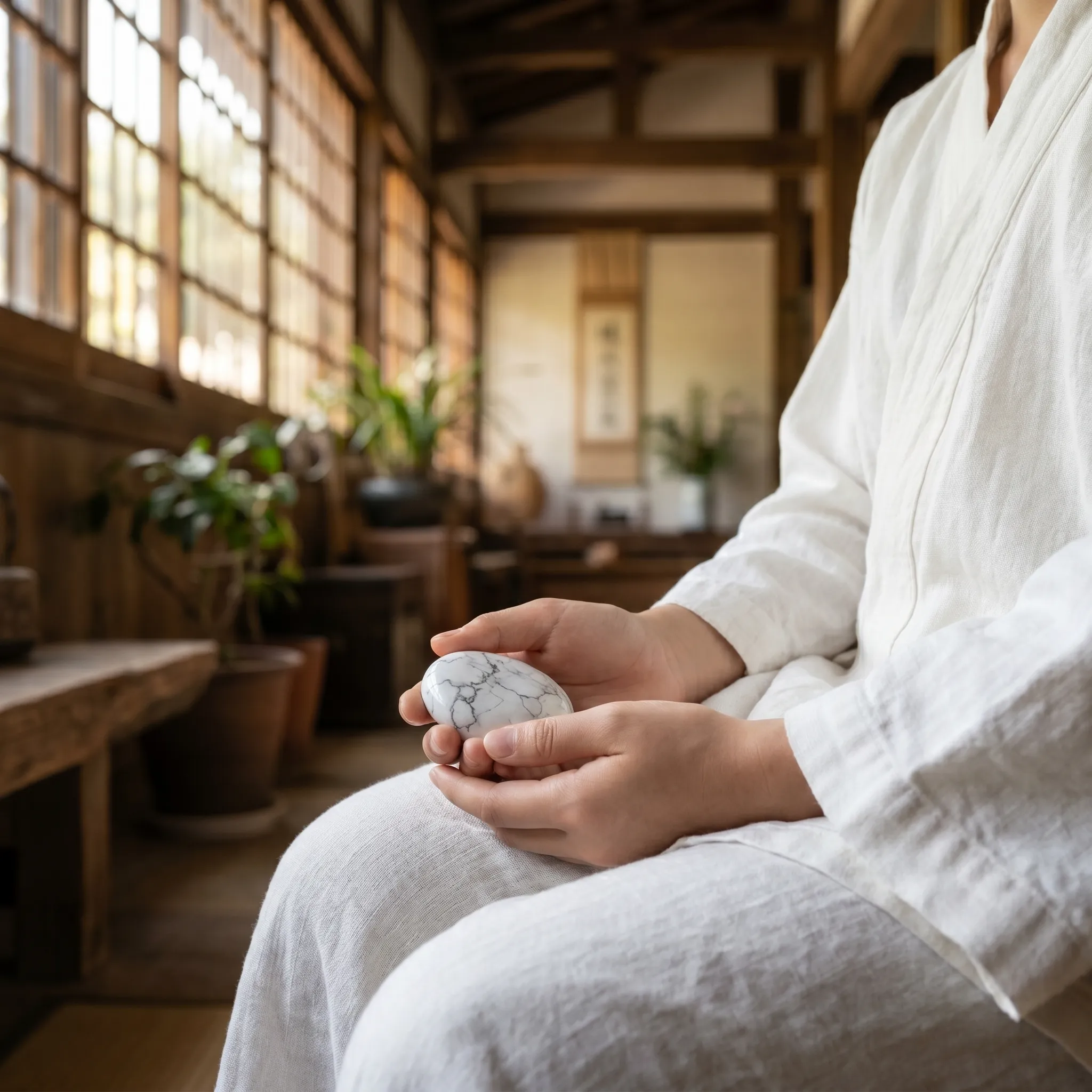 A person in white linen clothing sitting in a meditative posture, gently holding a polished white howlite palm stone with gray veins.